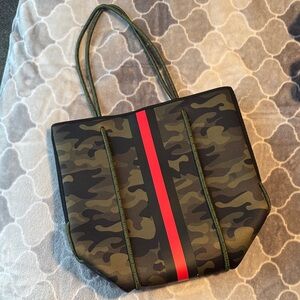 Hauteshore Camouflage Tote Bag with Red Center Stripe